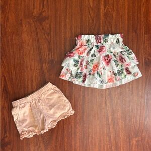12 Months Girl Pink Ruffle Shorts with Pockets White Floral Skirt